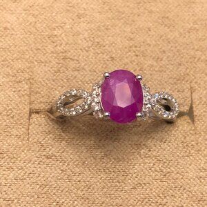 Oval Burma Ruby With Round White Zircon Rhodium Over Silver Ring